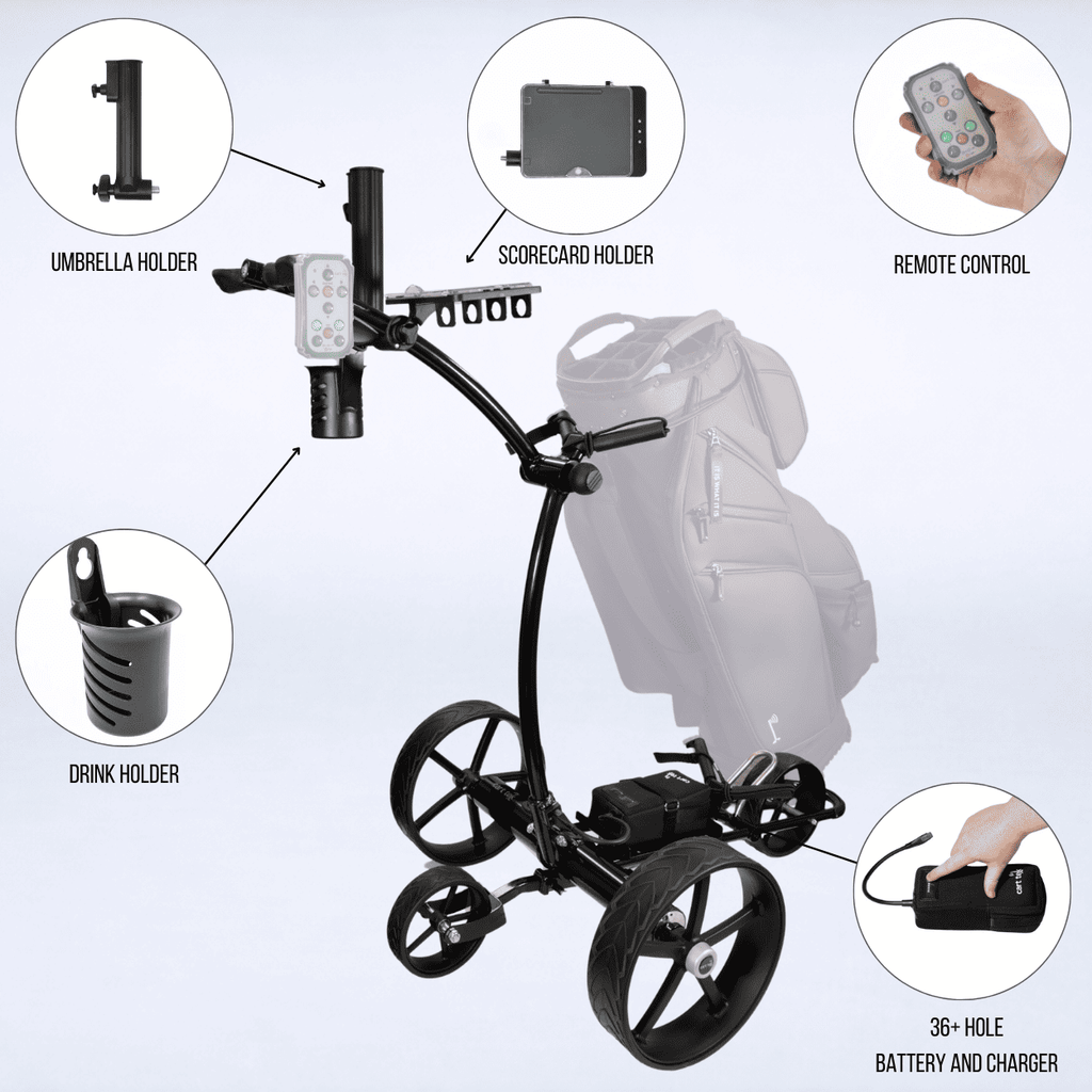Accessories callout graphic for the black Cart Tek 1500 V3 electric golf caddy showing umbrella holder, scorecard holder, drink holder, remote control, and 36+ hole battery/charger.