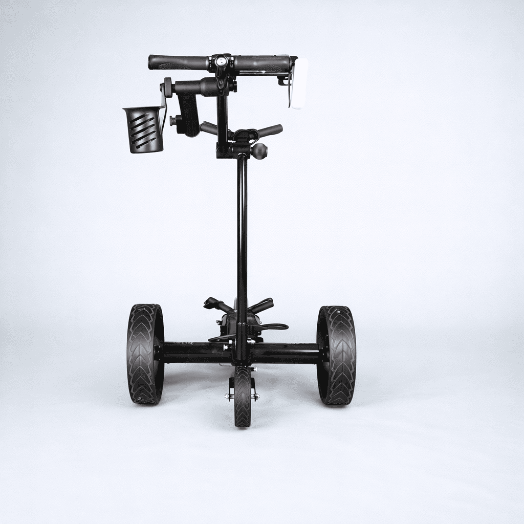 Back view of the black Cart Tek 1500 V3 electric golf caddy with handle controls and accessory mounts in a studio shot.
