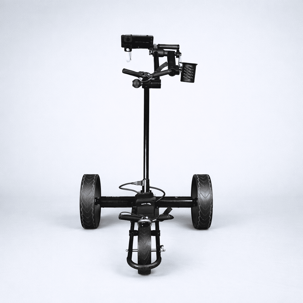 Front view studio photo of the black Cart Tek 1500 V3 electric golf caddy showing handle controls, front wheel, and wide rear wheel stance.