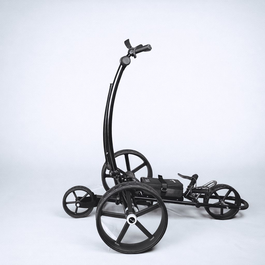 Right-side view of the black Cart Tek 1500 V3 electric golf caddy showing full chassis and rear wheel stance while folding in a clean studio photo.