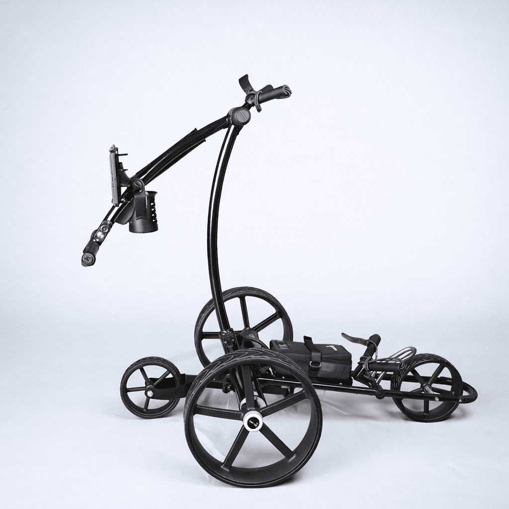 Side profile of the black Cart Tek 1500 V3 electric golf caddy (assembled) showing wheels, frame, and handle assembly on light gray background.