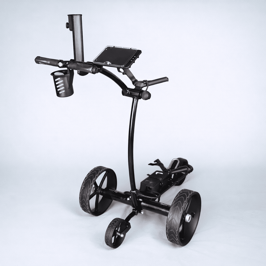 3/4 back studio view of the black Cart Tek 1500 V3 electric golf caddy showing the handle area, accessory mount, and wheelbase