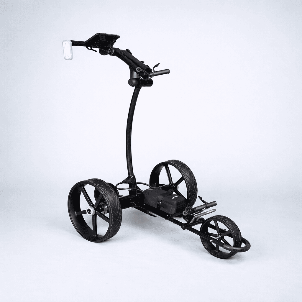 Cart Tek 1500 V3 electric golf caddy in black, 3/4 front angle studio photo on light gray background.