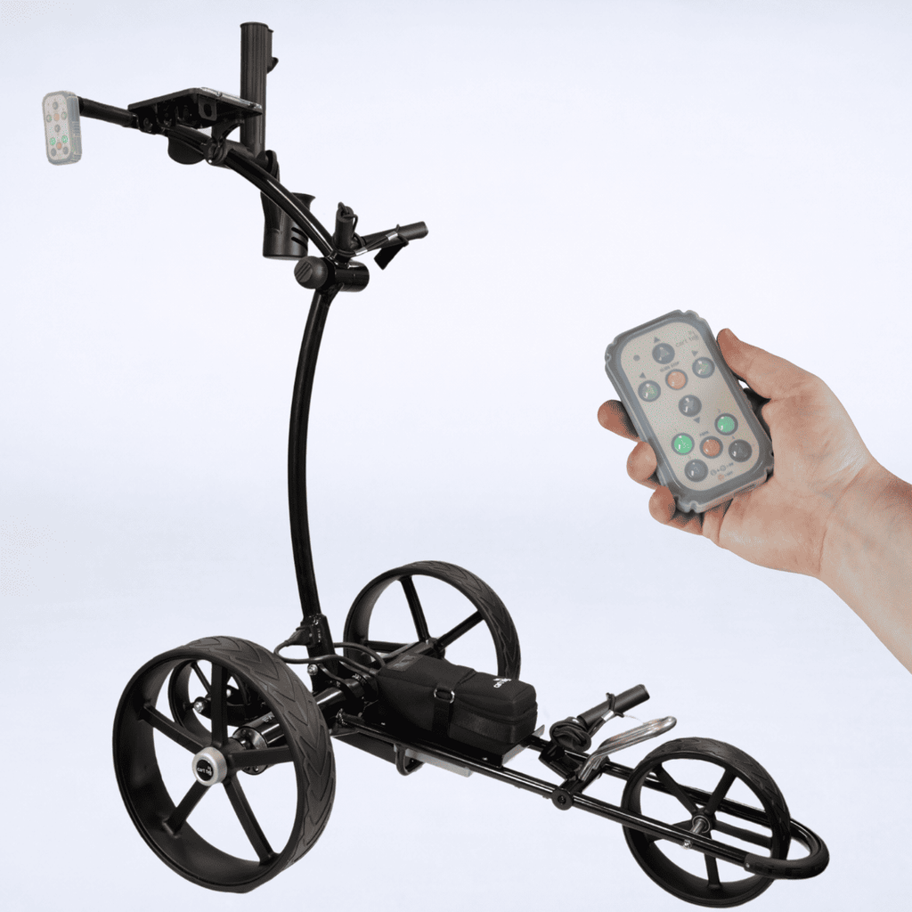 Black Cart Tek 1500 V3 electric golf caddy shown with a handheld rechargeable remote control, studio image on light gray background.