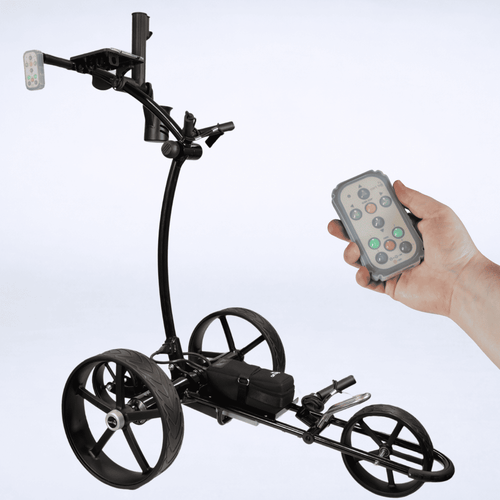 Black Cart Tek 1500 V3 electric golf caddy shown with a handheld rechargeable remote control, studio image on light gray background.