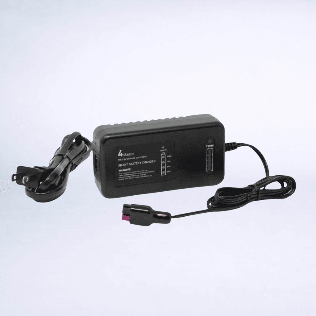 Cart Tek smart battery charger for the 1500 V3 electric golf caddy, with power cord and connector shown in a studio photo.