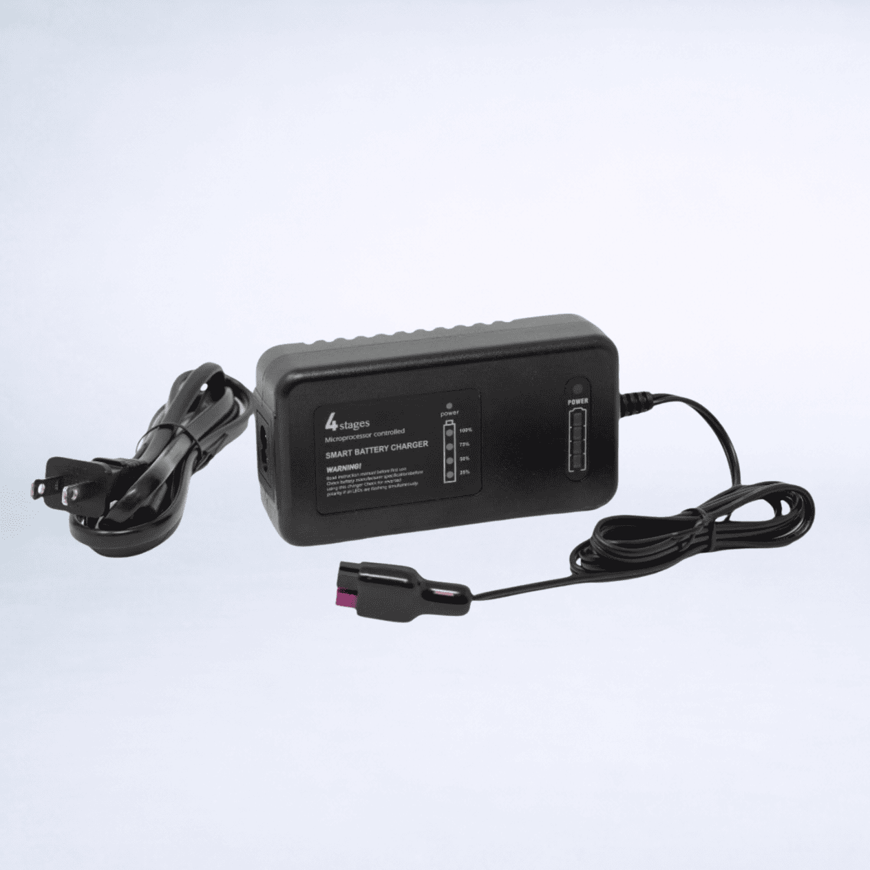 Cart Tek smart battery charger for the 1500 V3 electric golf caddy, with power cord and connector shown in a studio photo.