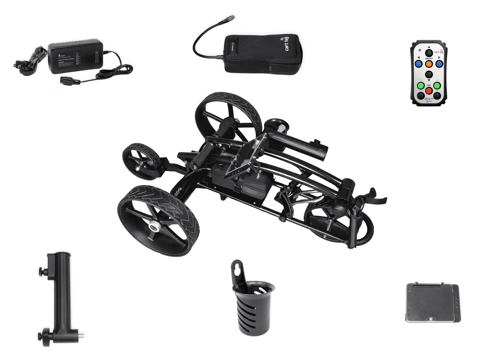 What’s included with the Cart Tek 1500 V3 electric golf caddy: folded caddy, lithium battery, battery charger, remote control, umbrella holder, drink holder, and scorecard holder shown in a studio layout.