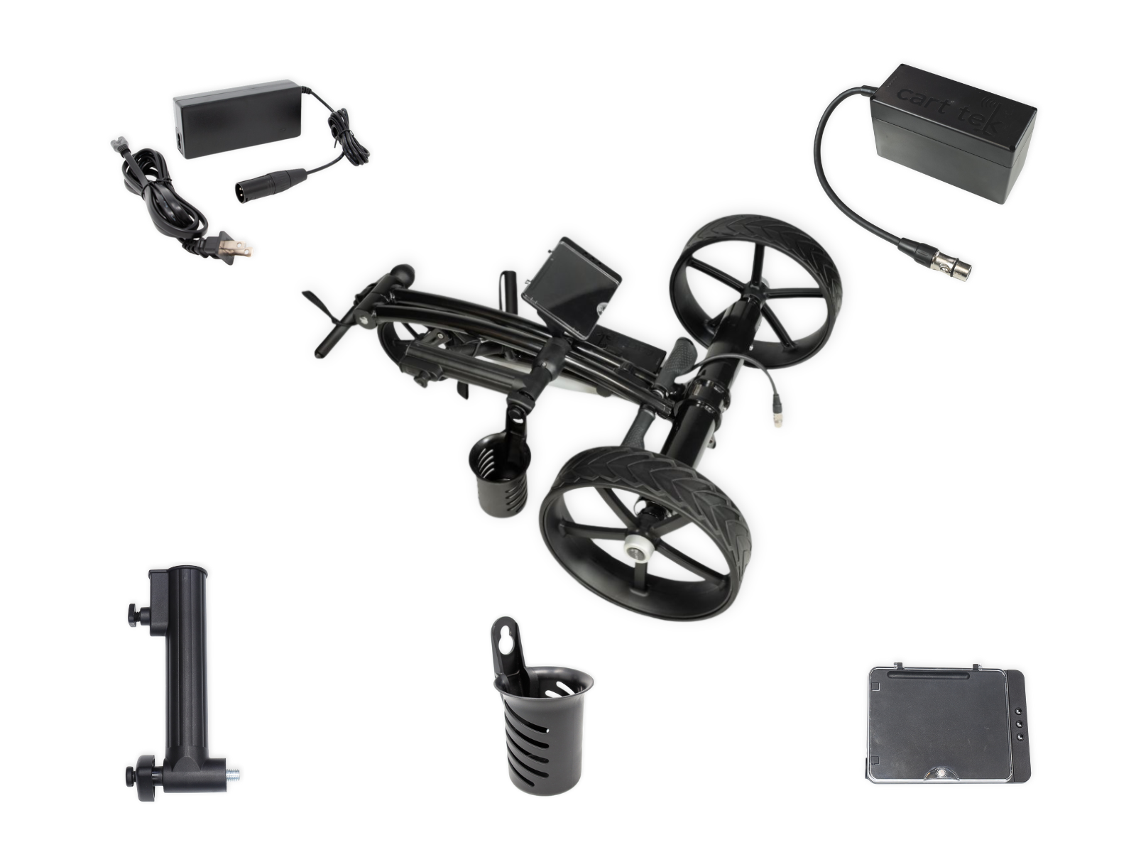 What’s included with the Cart Tek GRi-975LI electric golf caddy: folded caddy, lithium battery, battery charger, umbrella holder, drink holder, and scorecard holder shown in a studio layout.