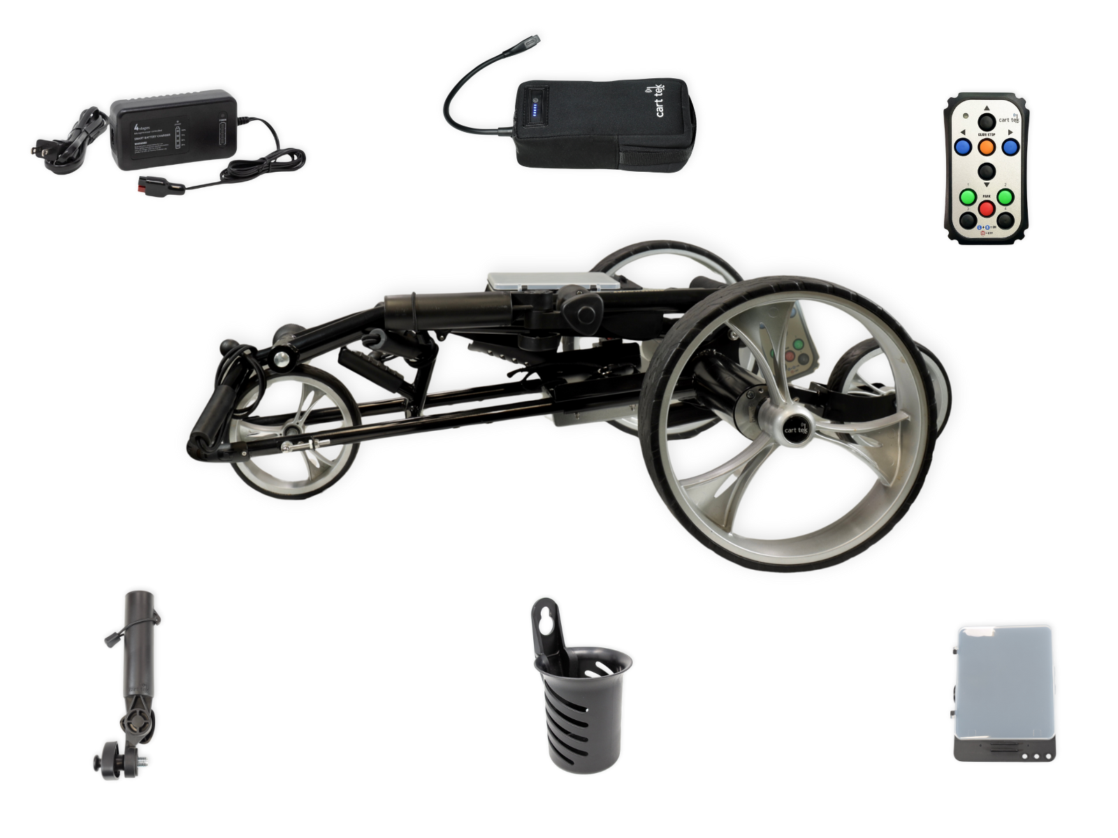 What’s included with the Cart Tek Yellowstone electric golf caddy: folded caddy, lithium battery, battery charger, remote control, umbrella holder, drink holder, and scorecard holder shown in a studio layout.