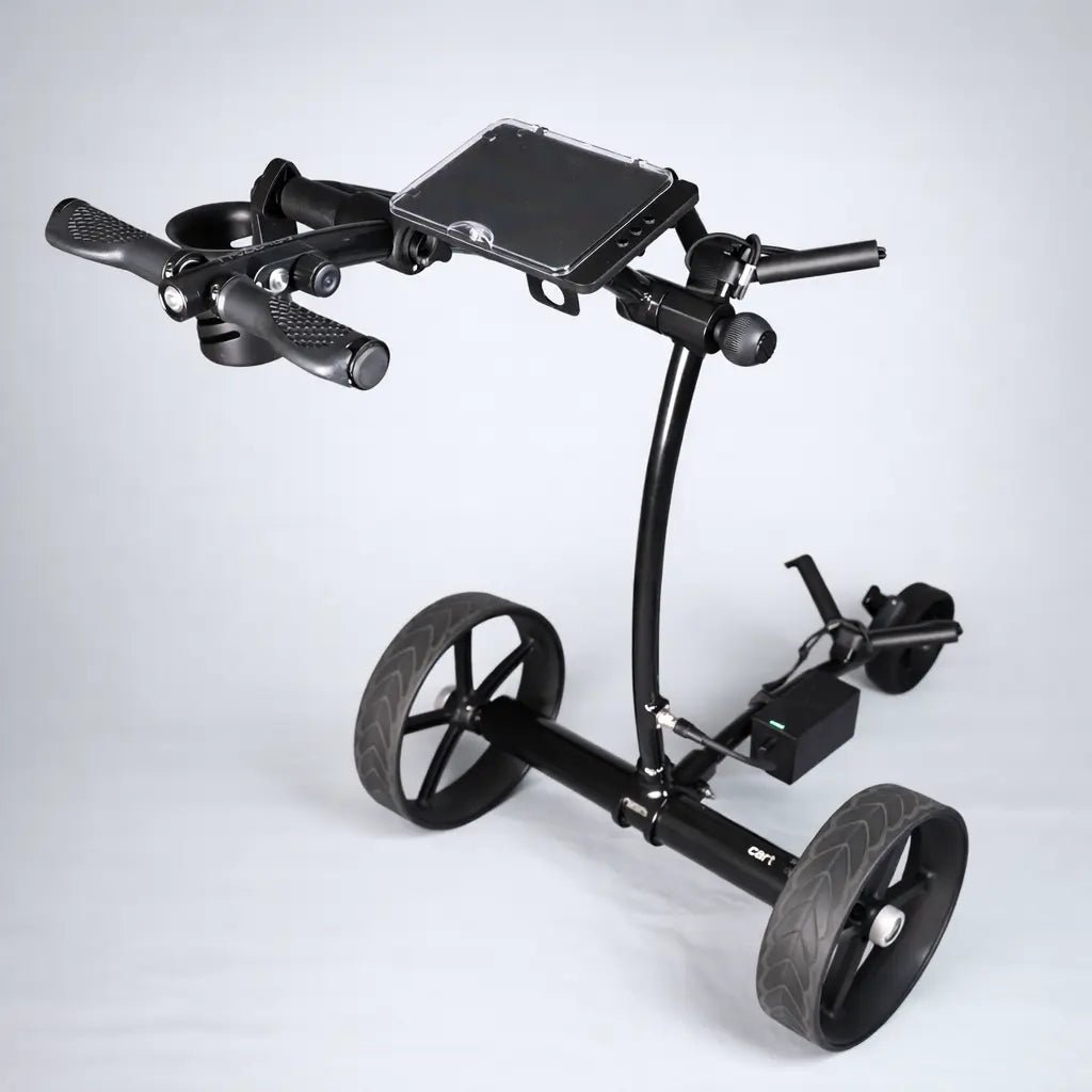 Angled view of the GRi-975Li electric golf trolley showing the handlebar controls and console, lithium battery powered dual motor drive