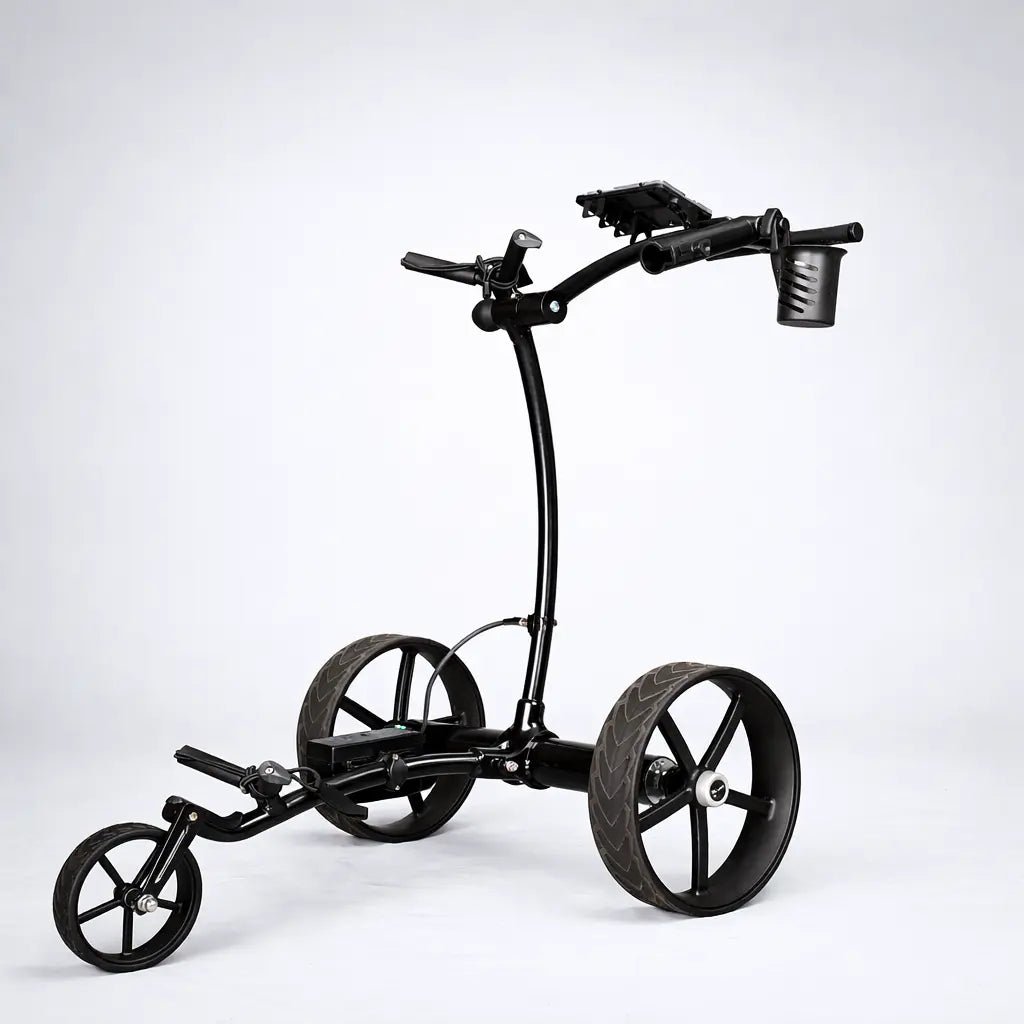 Angled view of the GRi-975Li electric golf trolley with manual steering, dual motor drive, and lithium-ion battery system