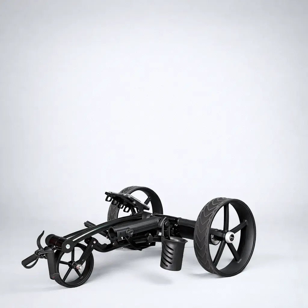 GRi-975Li electric golf trolley folded for compact storage, lightweight aluminum frame with lithium battery power and dual motors