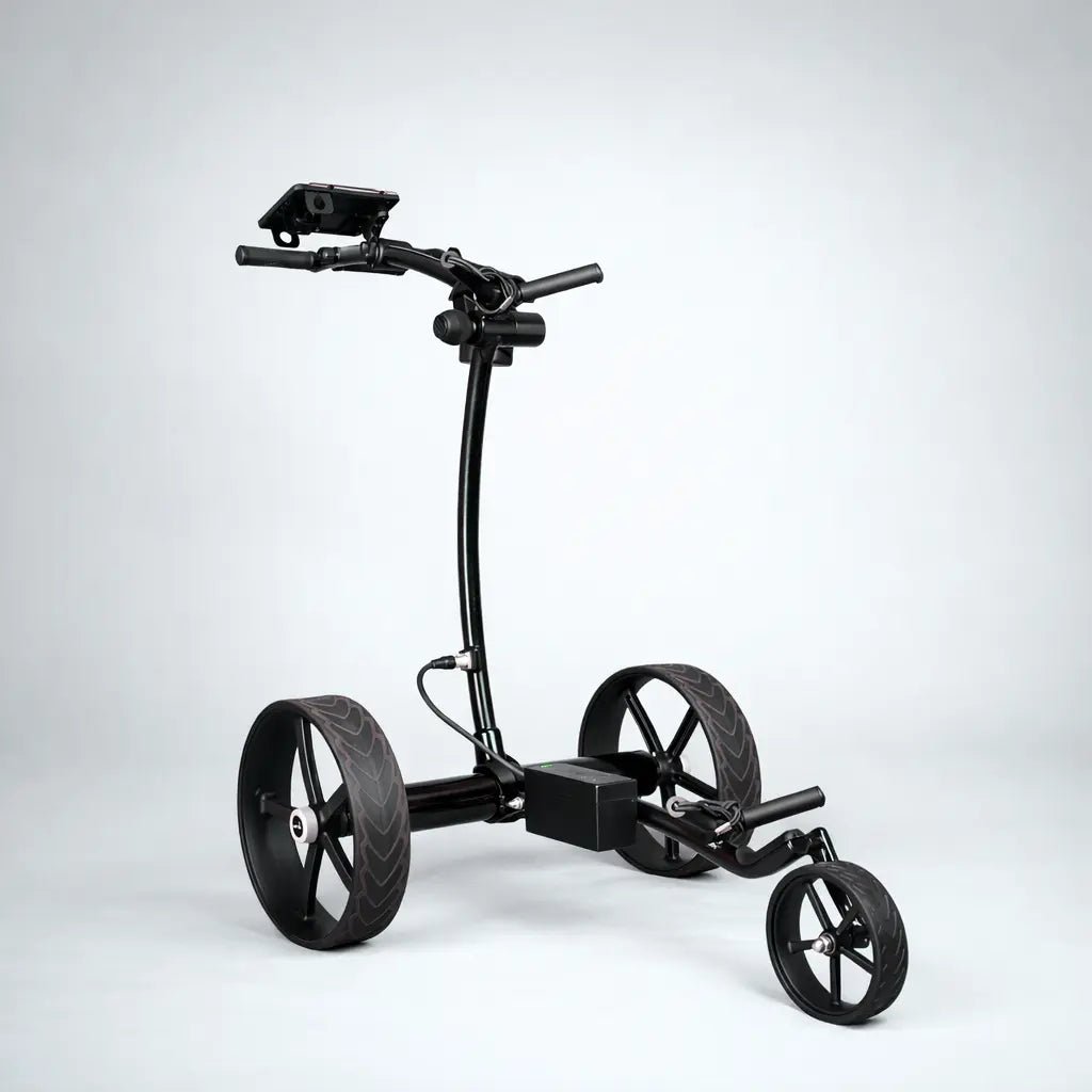 Front angle of GRi-975Li electric golf trolley featuring dual motors, lithium battery power, and a strong lightweight aluminum build