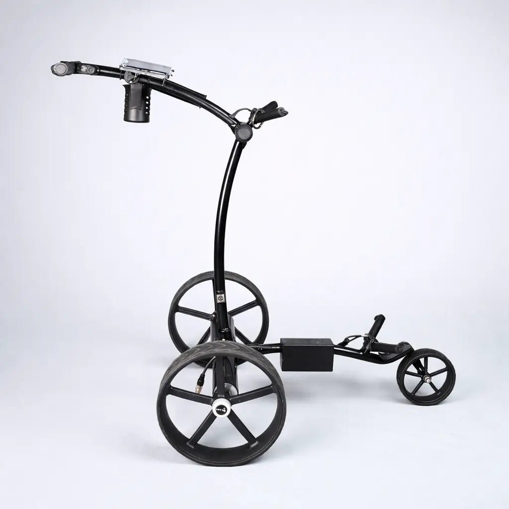 GRi-975Li electric golf trolley in studio shot, front angled view with wide wheels and manual steering