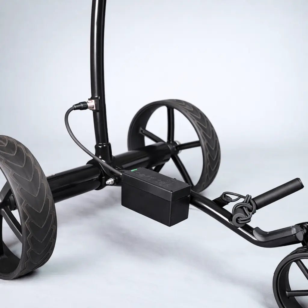 GRi-975Li electric golf trolley lithium battery box and lower frame close-up (dual motor powered)