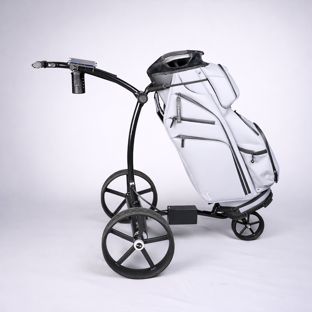GRi-975Li electric golf trolley with golf bag attached, manual steering, dual motor, lithium battery (side view)