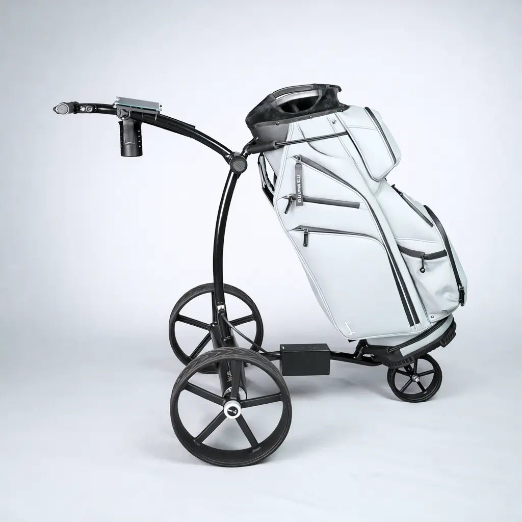 GRi-975Li electric golf trolley with golf bag attached, manual steering, dual motor, lithium battery (side view)