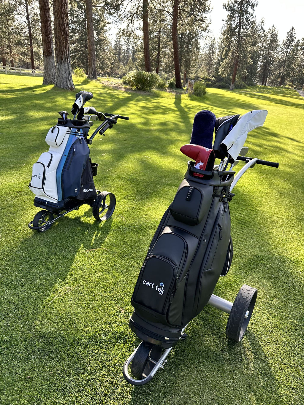 two electric golf cart with remote control 1500 V3's on course with vessel lux golf bags