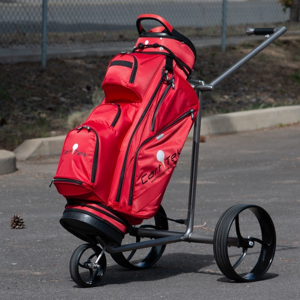 Galaxy Titan Extremely Lightweight Titanium Electric Golf Push Cart with Red Cart Golf Bag for sale by Cart Tek front view