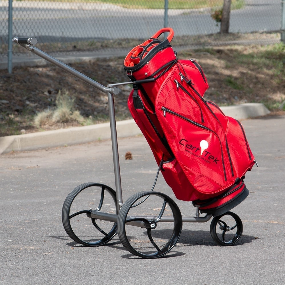 Galaxy Titan Extremely Lightweight Titanium Electric Golf Push Cart with Red Cart Golf Bag for sale by Cart Tek side view