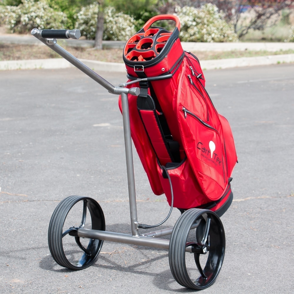 Galaxy Titan Extremely Lightweight Titanium Electric Golf Push Cart with Red Cart Golf Bag for sale by Cart Tek with rearward angle